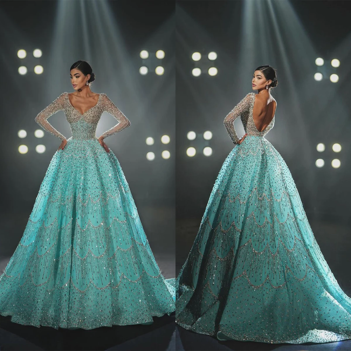 

Роскошные вечерние платья трапециевидной формы с v-образным вырезом и кристаллами с открытой спиной и длинными рукавами длиной до пола, вечернее платье для выпускного вечера Vestido De Noite по индивидуальному заказу