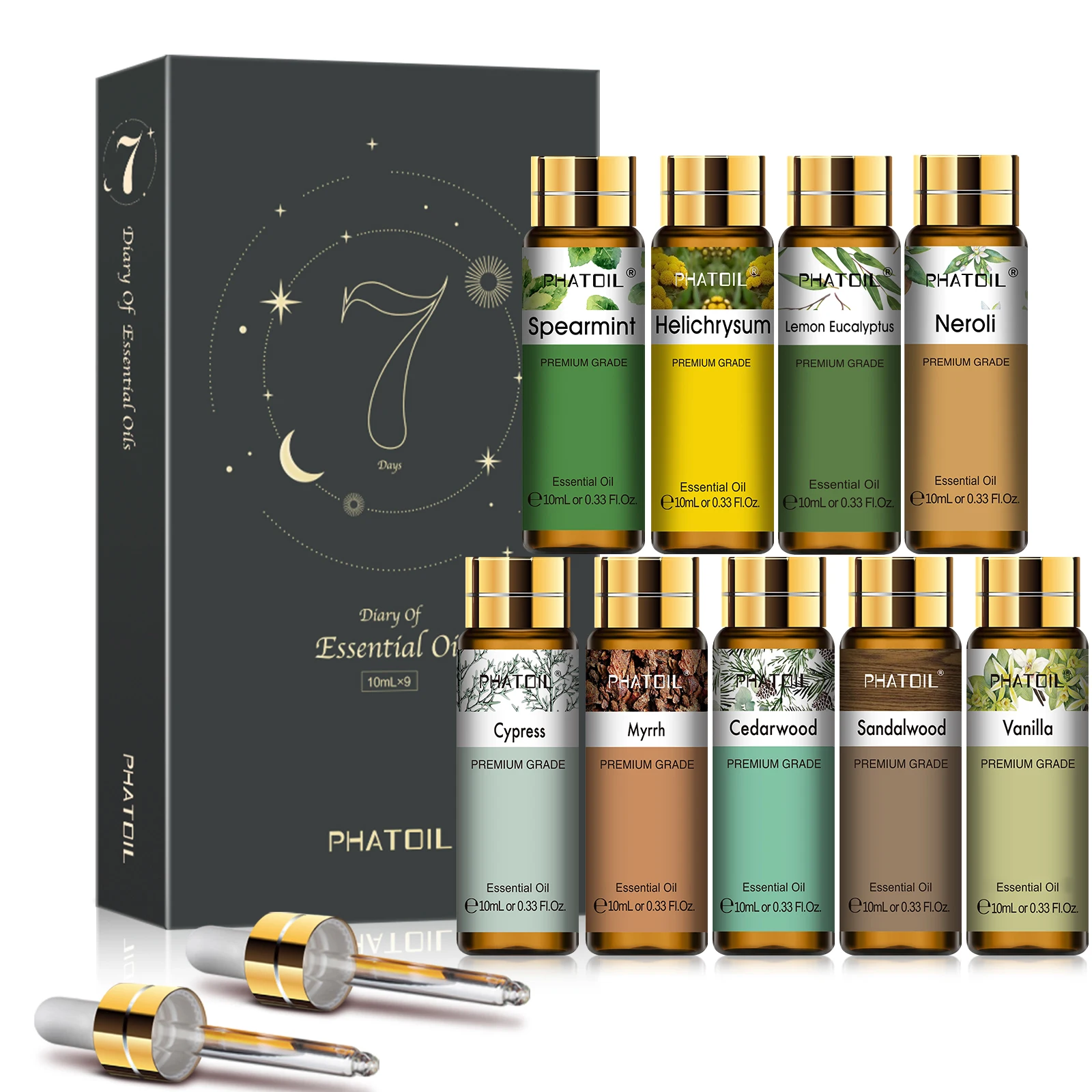 PHATOIL 9PCS Fődolog Beolajoz beállítása számára Diffuzőr 10ml Fodormenta helichrysum Citrom Eukaliptuszfa neroli Ciprusfa Mirha Szantálfa Fűszervanília