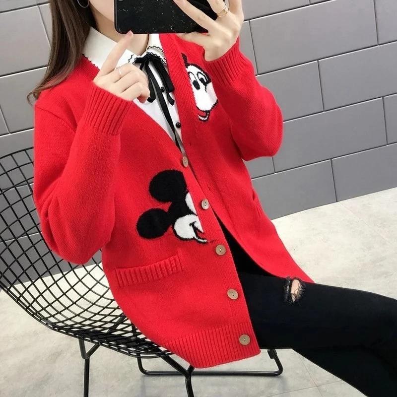 

2026 New Mickey Mouse Embroidery Knit Cardigan for Women Loose Lazy Korean Style Casual Outerwear Sweater Coat