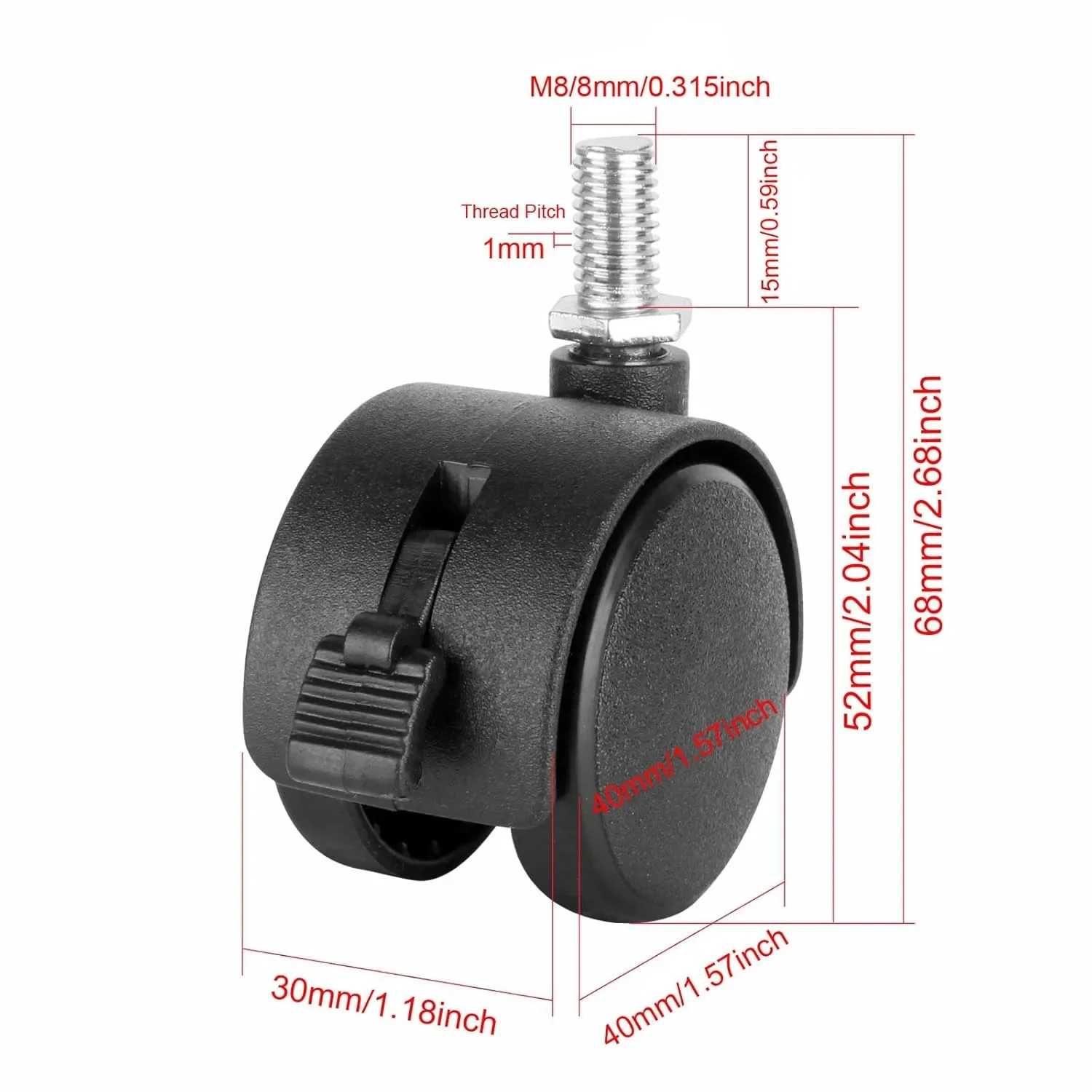 4 Pack 2 Inch Swivel Stem Caster Wheels Replacement Casters Brake Metric Threaded Stem M8 Wheels for Table Drawer Plant Shelf