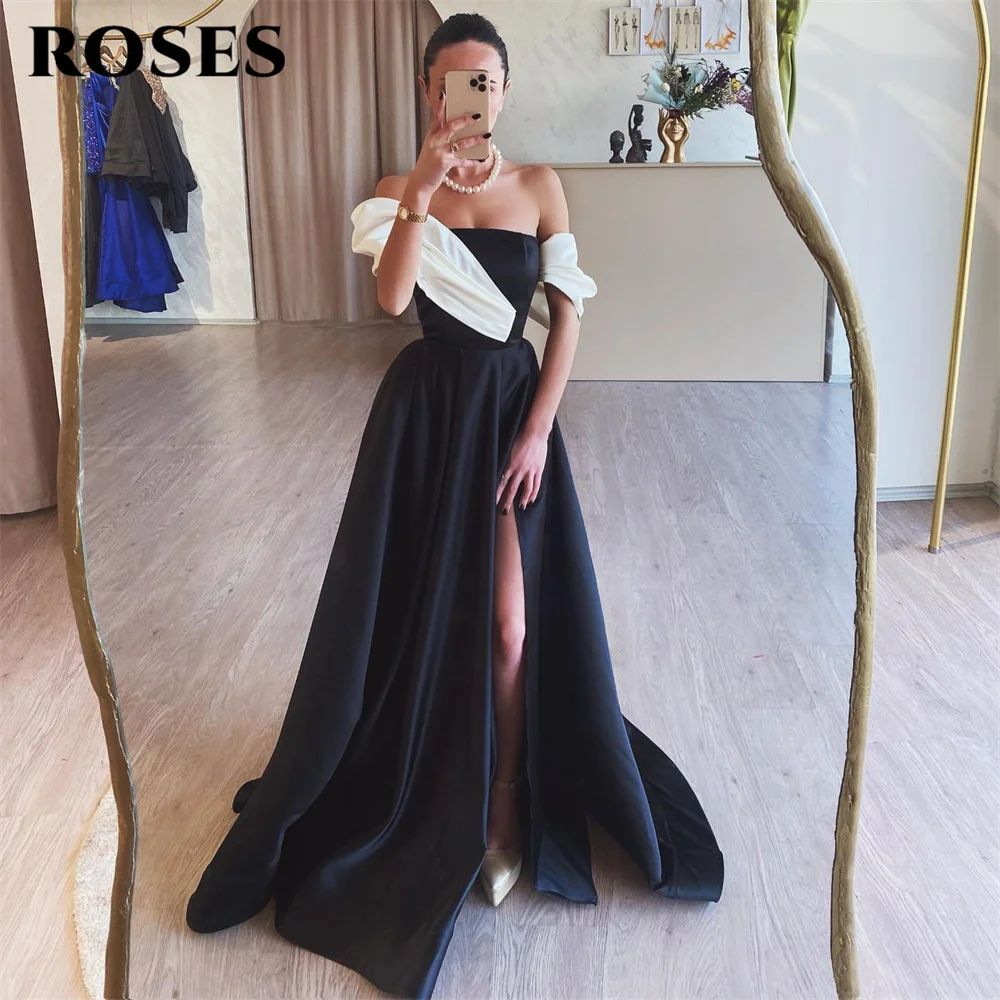 ROSES Off the Shoulder Stain Vestidos Formais, A Line Party Dress for Wedding, Vestidos para Ocasiões Especiais com Split