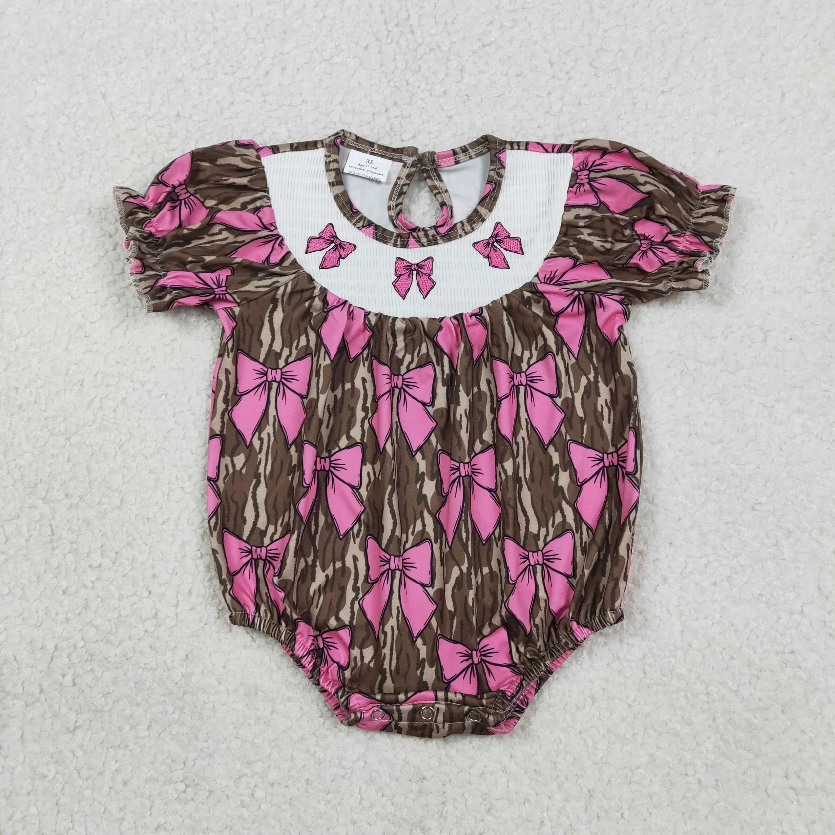 Wholesale Newborn Girls Embroidery Bows Bubble Romper Toddler Kids Smocked Clothes Baby Girl Children Short Sleeve Camo Clothing