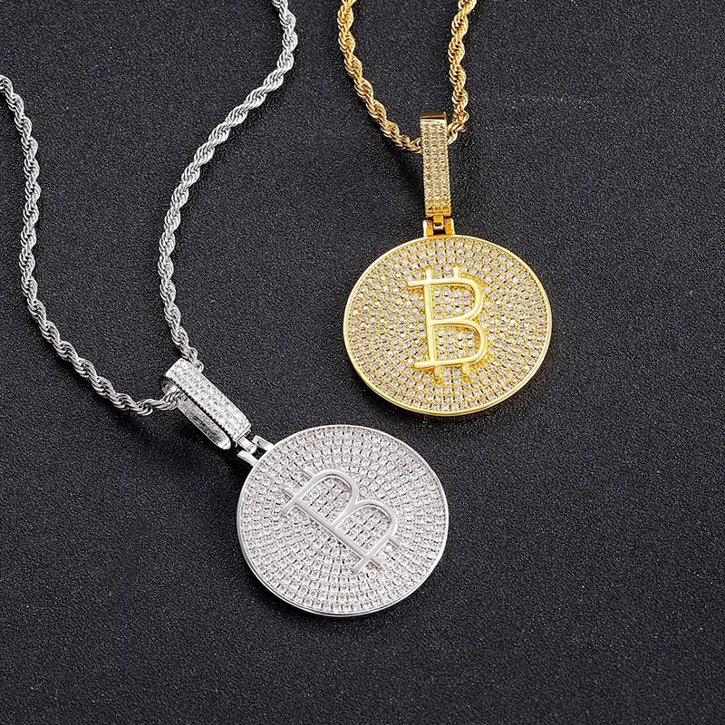 

Hip Hop 3A+ CZ Stone Paved Bling Iced Out Solid Bitcoin Round Pendants Necklaces for Men Rapper Jewelry Drop Shipping