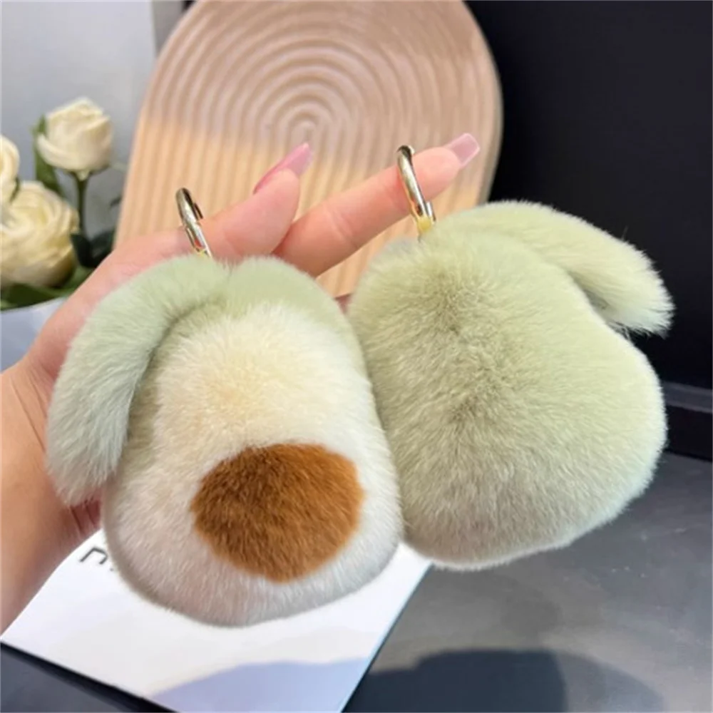 Luxury Fluffy Mink Fur Avocado Shaped Keychains Women Pompom Fruit Key Ring On Bag Car Key Chain Jewelry New Year 2024 Gift