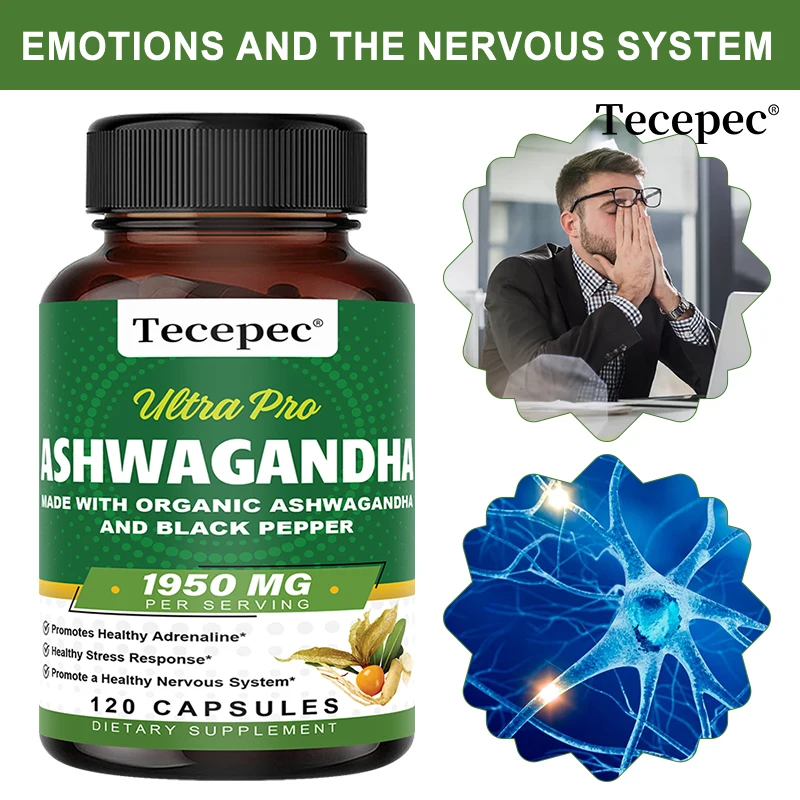 Organic Ashwagandha Root Extract Capsules 1950mg, Adaptogenic Stress Sleep Mood Focus Energy & Immune Support, Stress Relief