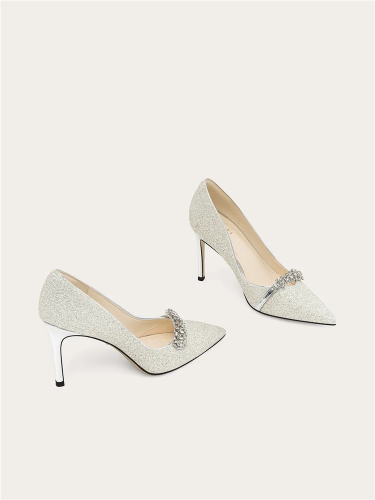 Spring new pointed shallow mouth rhinestone with sequins wedding shoes party big size small size slim high-heeled women's shoes