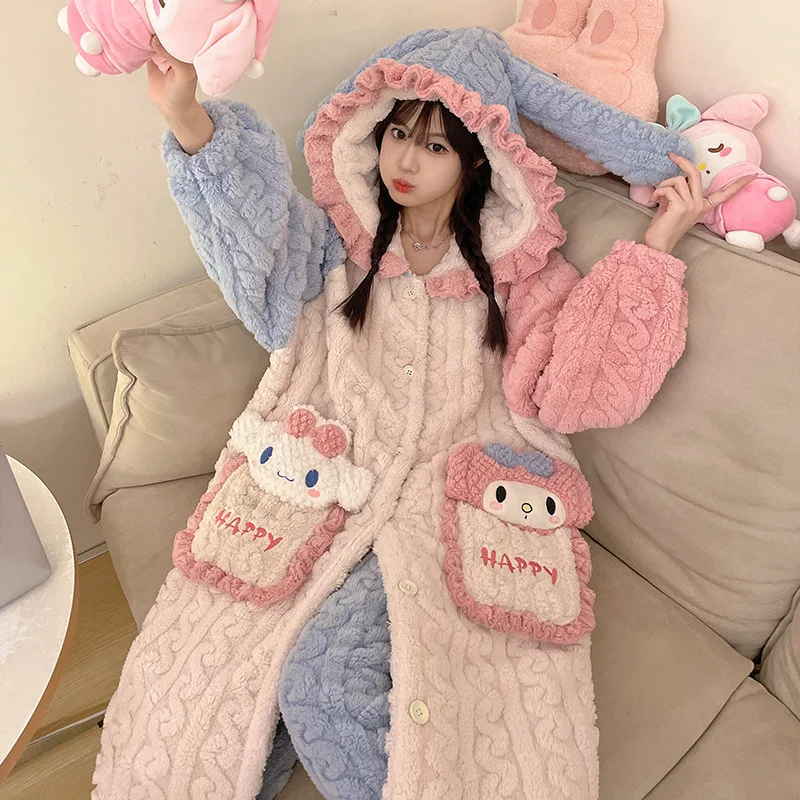 Kawaii Sanrio Hello Hot Kitty Hooded Pajamas Suit Cute Cinnamoroll Cartoon Coral Fleece Nightgown Pants Two Piece Sets Women