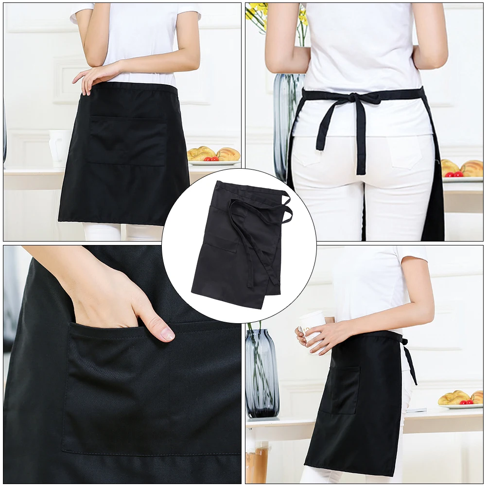 

Half Length Kitchen Apron Black Simple Household Bib Cooking Work Skirt Chef Practical Oil Water Resistant Pocket Storage Phone