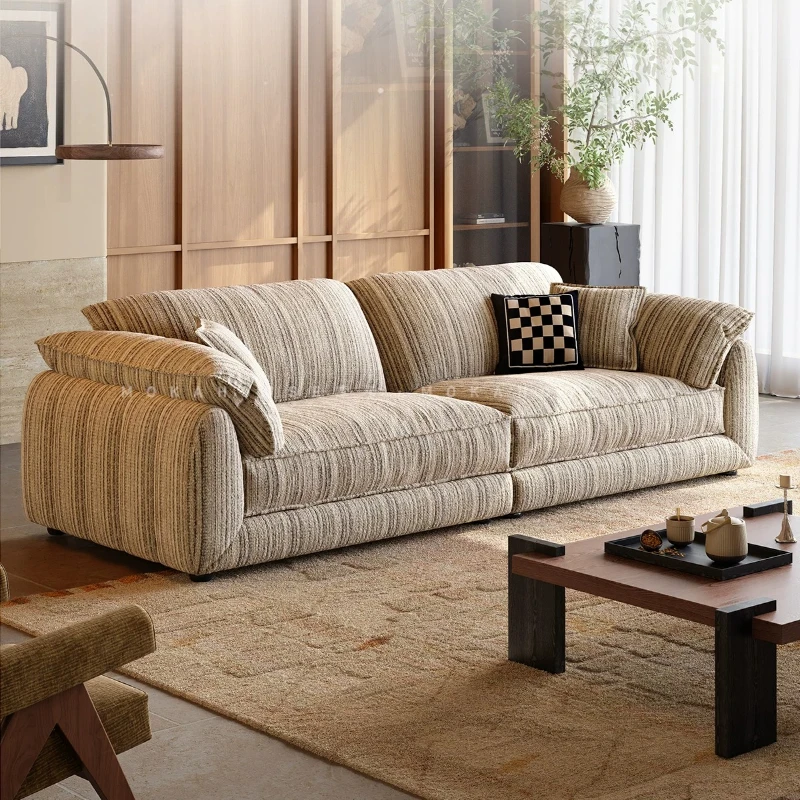 #French Retro Removable Chenille Fabric Sofa Striped Straight Couch for Living Room Machine-Washable for Easy Maintenance