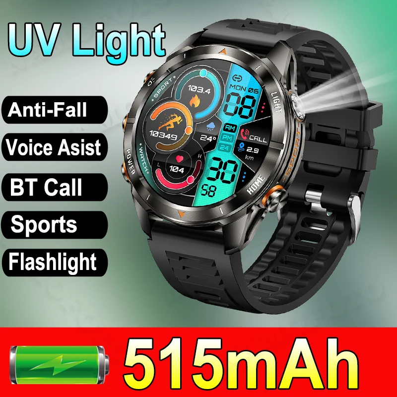 

Men Smart Watch Strong Flashlight SOS Outdoor Sports Bluetooth Calling 1.46'' Screen 515mAh Large Battery Heart Rate Smartwatch