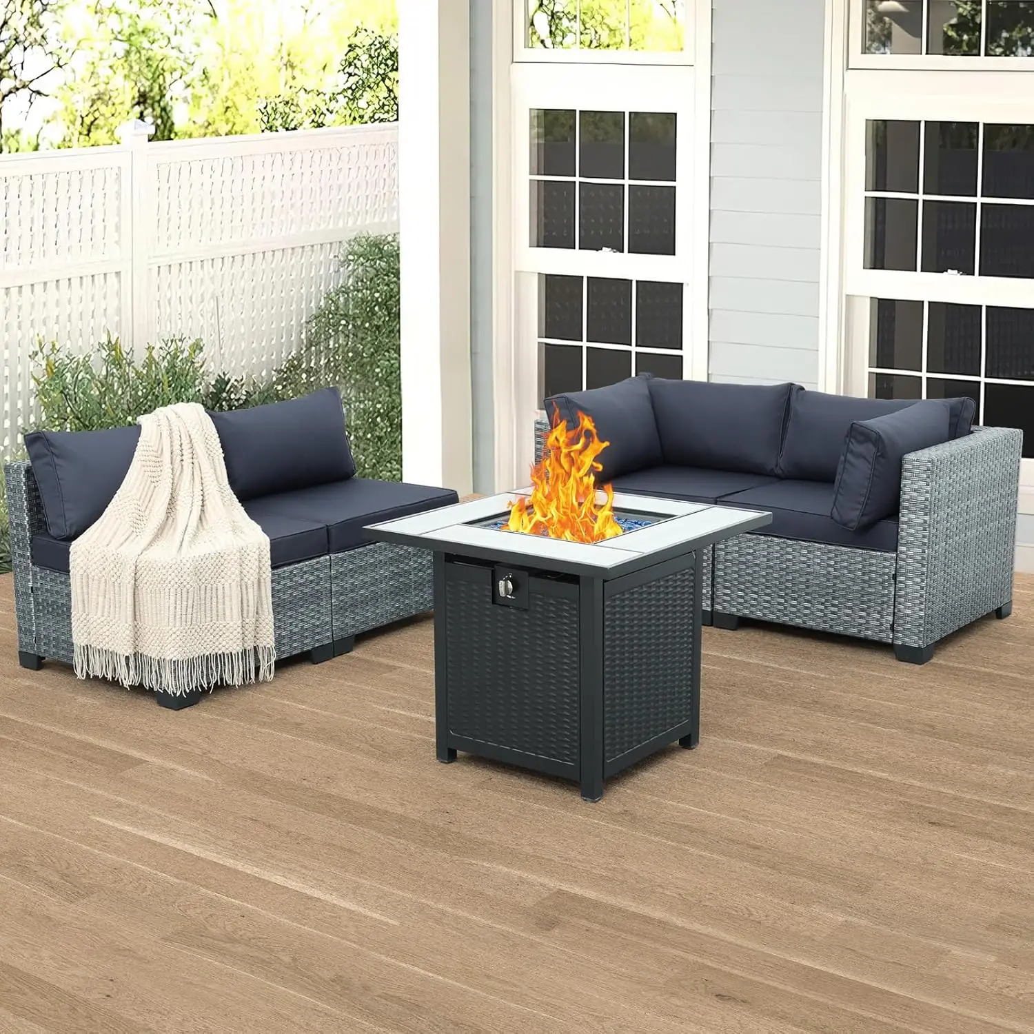 Valita-Pátio Rattan Móveis Set, Pátio ao ar livre Set, sofá de conversa de vime, cinza Rattan sofá secional com 30 "Gás Fire Pit, 5 pcs