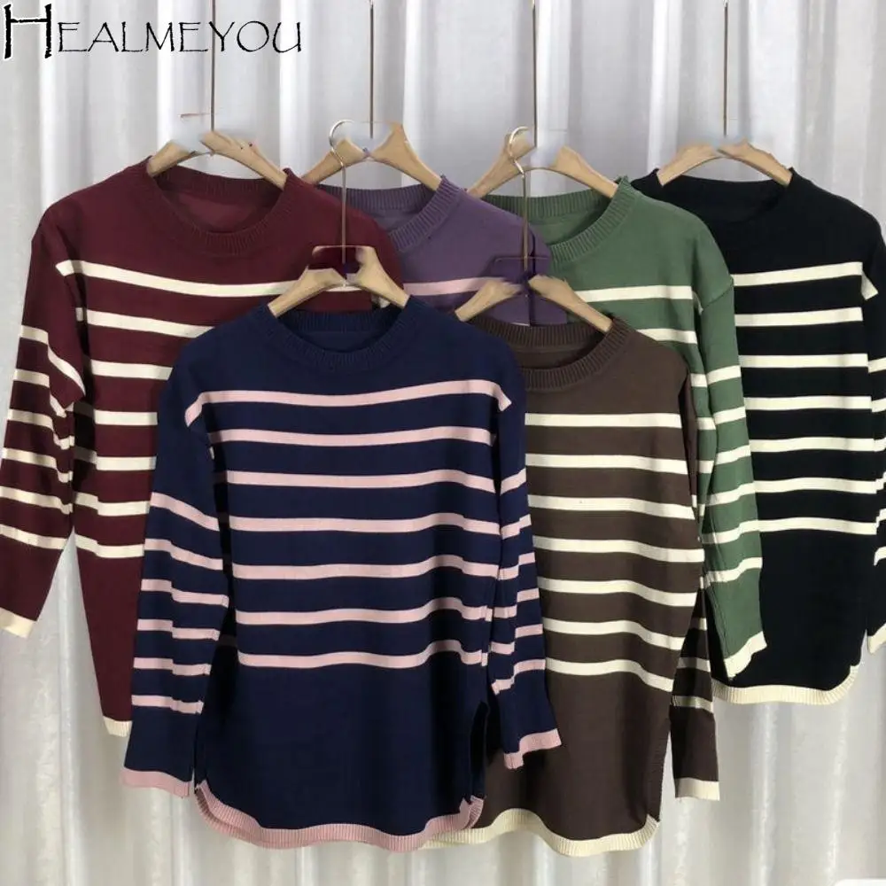 

Elegant V-neck Stripe Long Sleeve Top Slim Fit Lapel Y2k Patchwork Knitwear Thin Pullover Stripe T-Shirt Autumn Spring