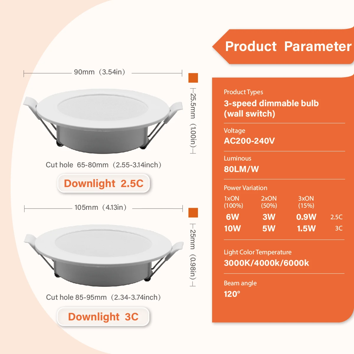 Thin Dimmable LED Recessed Downlight 6W 10W AC220‑240V 3‑Way Brightness Levels, Flicker‑Free Ceiling Can Light for Home Lighting