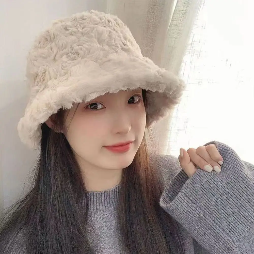 2023 Winter Faux Fur Bucket Hat Fluffy Thick Warm Fisherman Cap Women Casual Outdoor Soft Furry Panama Sun Cap For Girl Newest