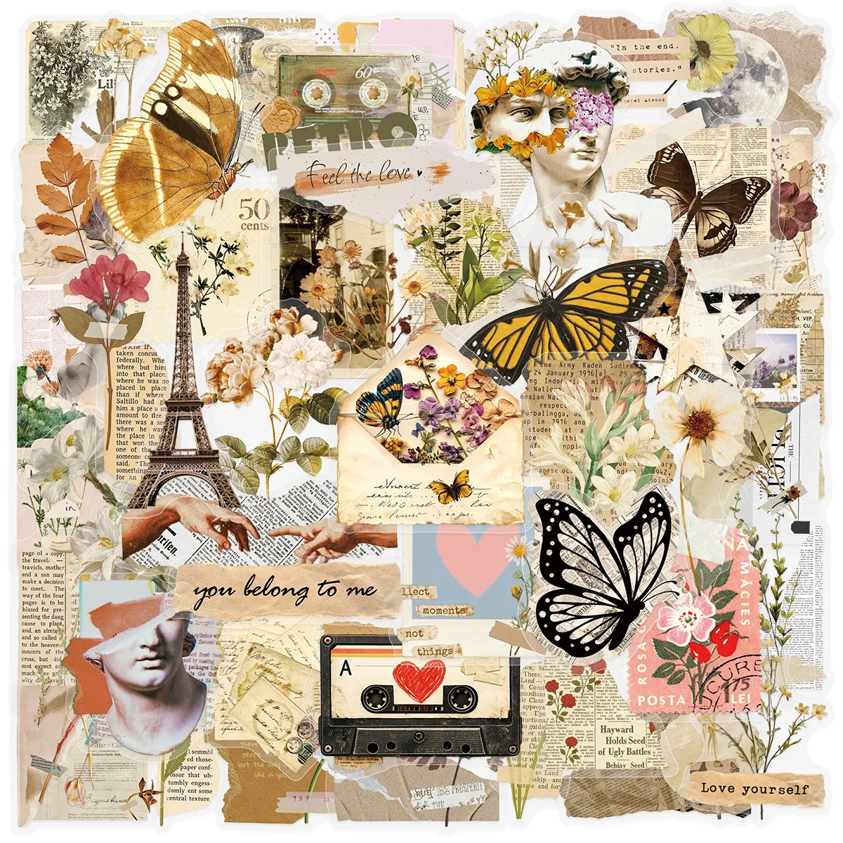 50-Pack Vintage Newspaper Butterflies And Flowers Transparent PET Decals Waterproof Stickers for Notebook Guitar Luggage