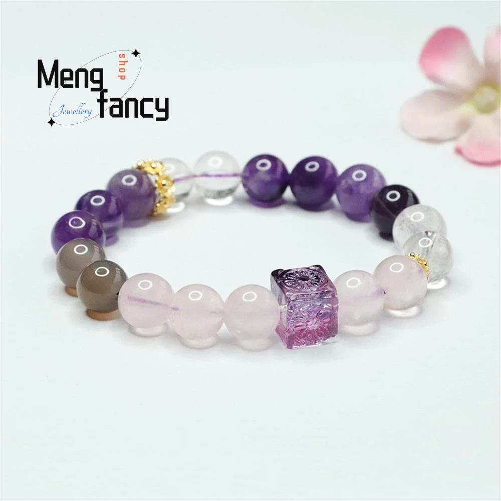 

Natural Nine Purple Leaving Fire Bracelet Amethyst Pink Crystal Duo Bao Liuli Square Bracelet Sexy Young Girls Fashion Jewelry