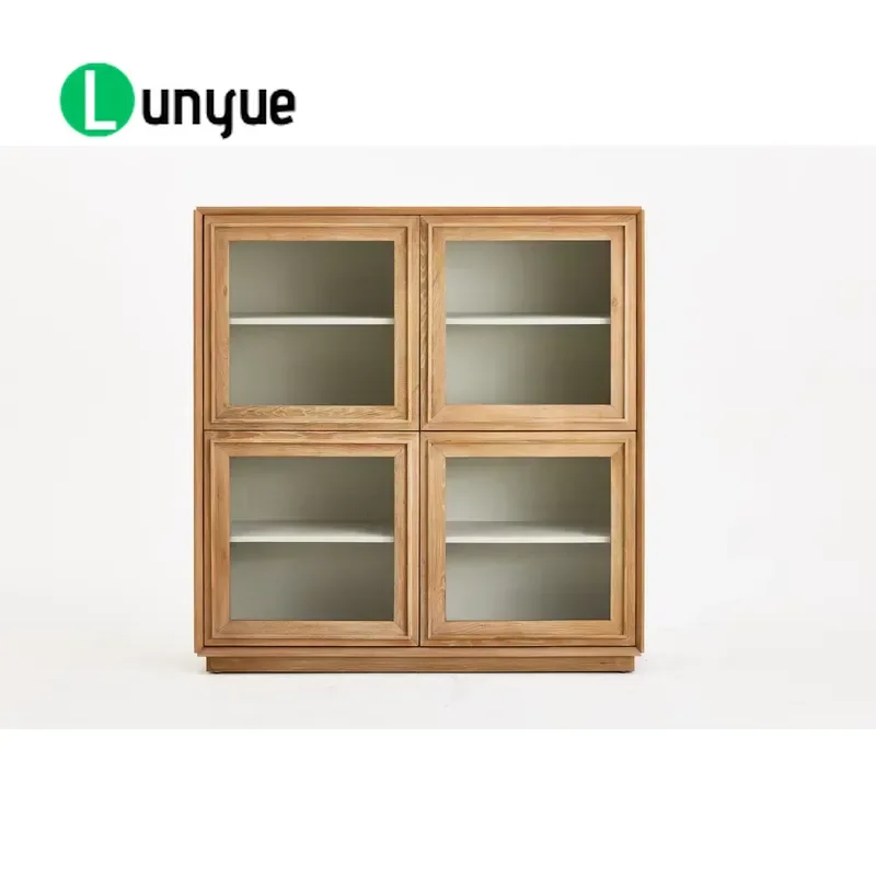 Custom Modern Minimalist Square Glass Display Cabinet Smoked Grey Oak Wood Storage Furniture for Living Room Home Decor