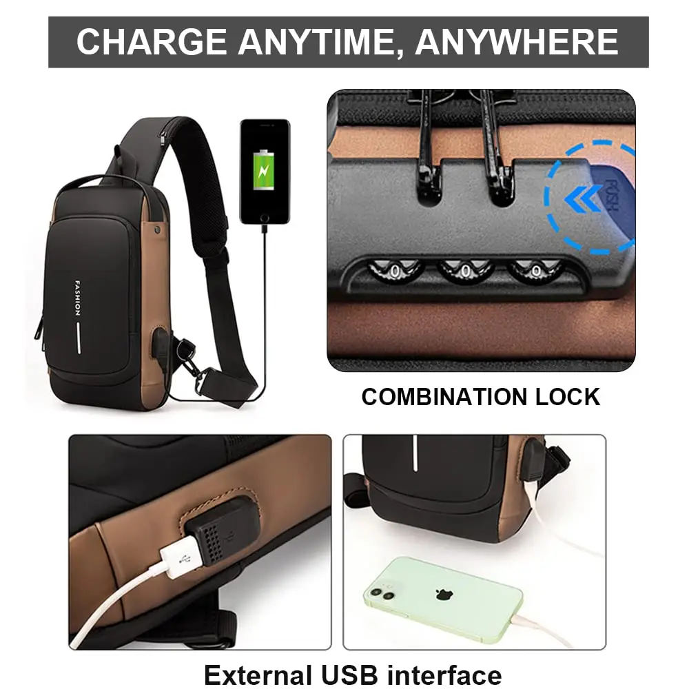 Imagem -05 - Bolsa Anti-roubo para Homens Pacote Crossbody Sling de Ombro Carregamento Usb Escola Viagem Curta Ginásio Pacote de Esportes Masculino Mais Novo