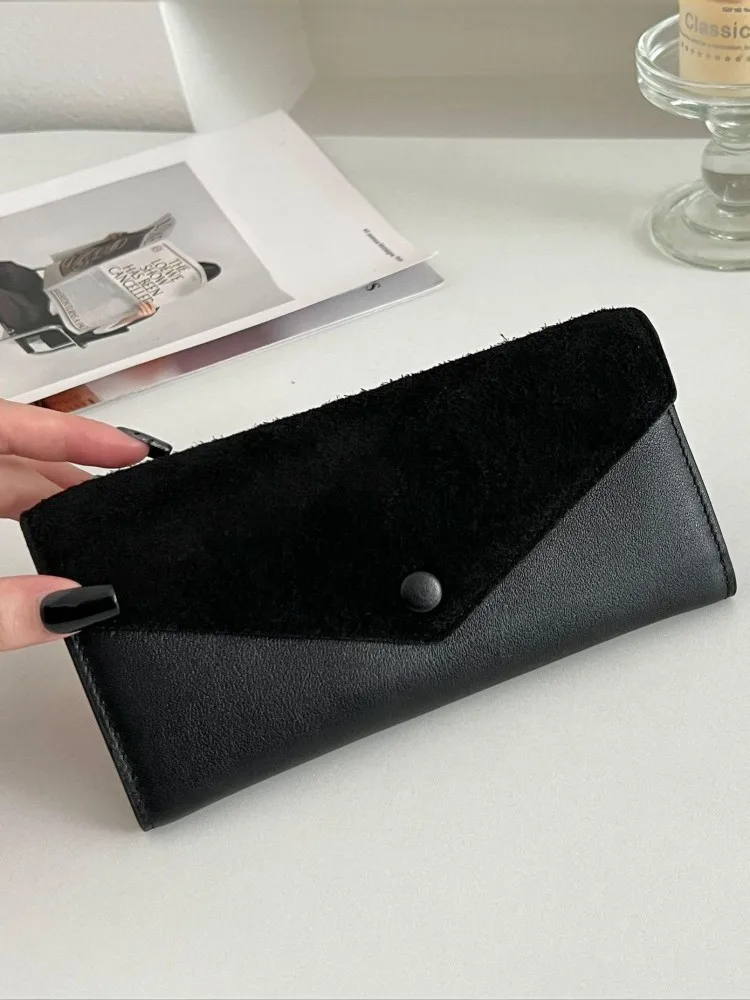 Cowhide Spliced Cow Suede Female Clutch Bag Real Leather Women Large Capacity Card Holder New Fashion Wallet Zipper Long Purse
