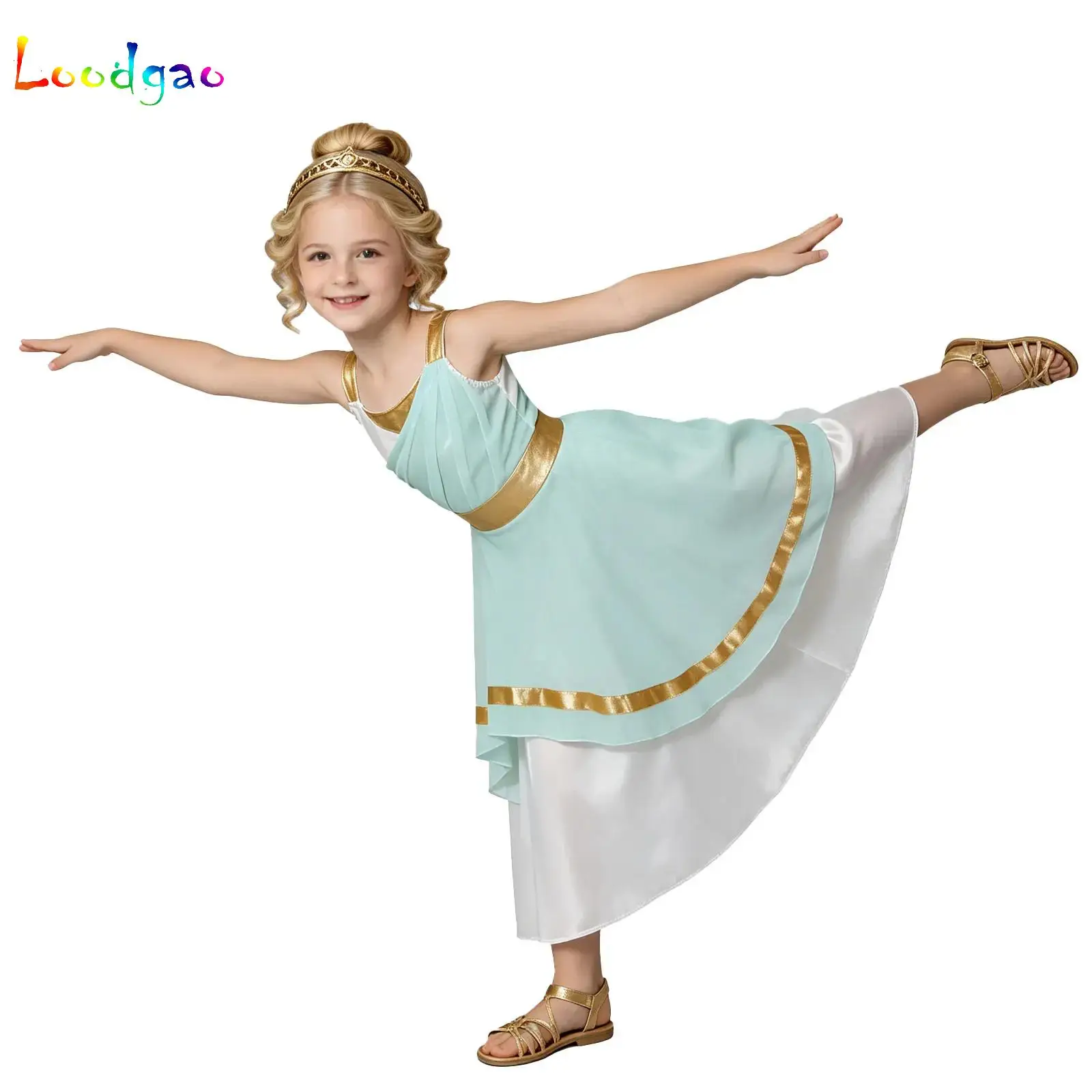 Kid Girls Choir Dancewear Ancient Greek Toga Goddesses Costume Sleeveless Gold Trims Robe Dress for Carnival Greece Roman Queen