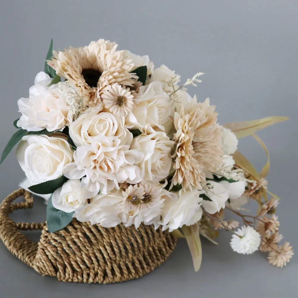 Champagne White Silk Flowers Wedding Bridla Bouquets for Wedding Anniversary Romantic Tossing Bouquet Artificial ramo novia