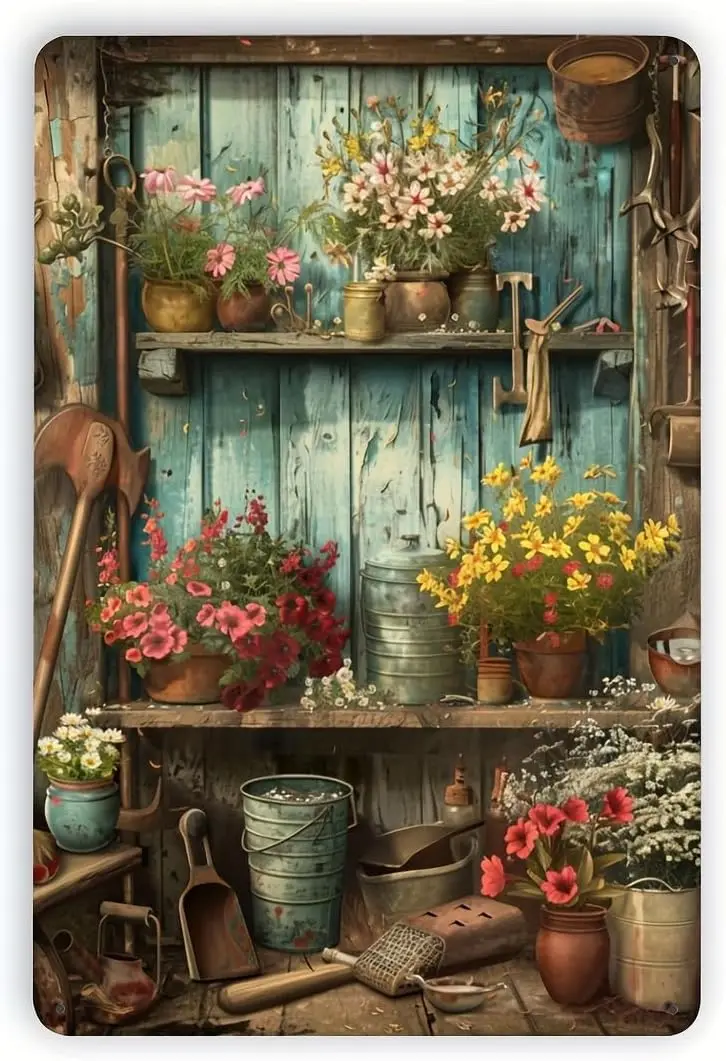 Vintage Garden Metal Tin Sign Iron Foil Engraving Art Floral Gardening Tool Motif Wall Decor Garage Home Garden 8x12 Inches