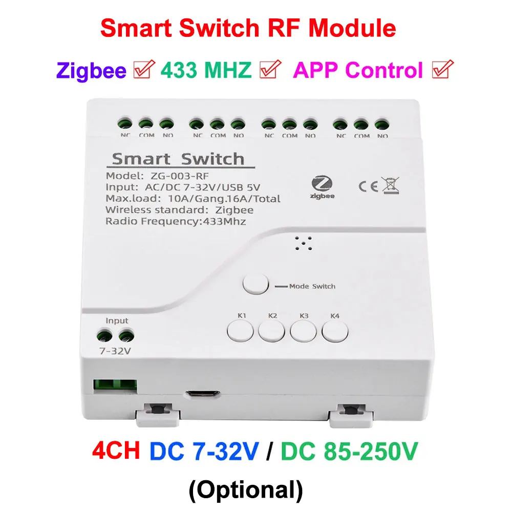 ZigBee Intelligent Switch RF Module 4 Channel DC7-32V / AC85-250V Jog Self-Locking WiFi Remote Control Relay Switch