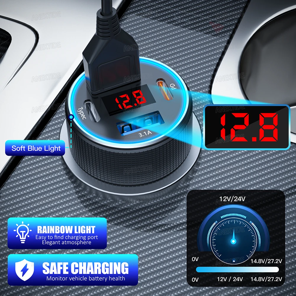 USB C Car Charger 4 พอร์ต Car Charger Adapter พร้อม LED Voltmer, อลูมิเนียมอัลลอยด์รถบุหรี่ไฟแช็ก USB Charger