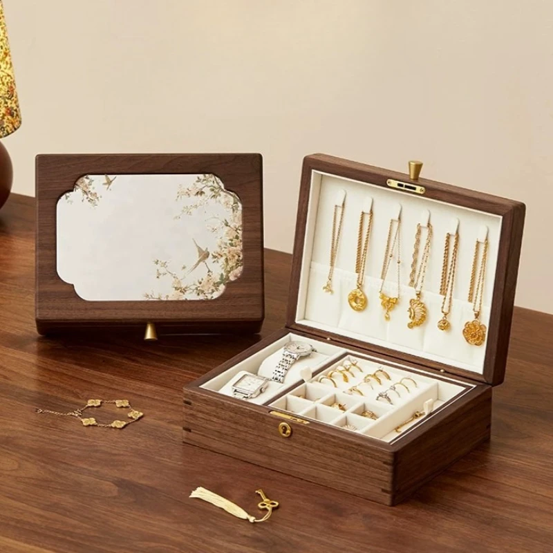 Solid Wood Jewelry Box Divided Jewelry Storage Boxes Multifunctional Earring Organizer Boxes with Lock Retro Ring Watch Boxes