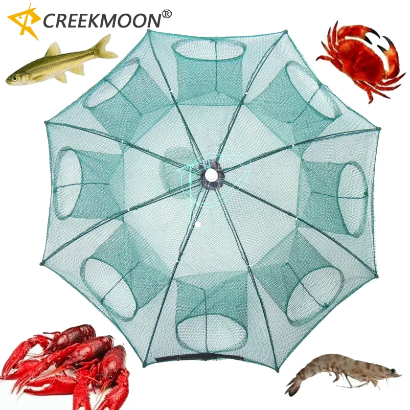 2-12 Holes Strengthened Automatic Fishing Net Shrimp Cage Nylon Foldable Umbrella Shape Crab Fish Trap Cast Net Cast Folding Net