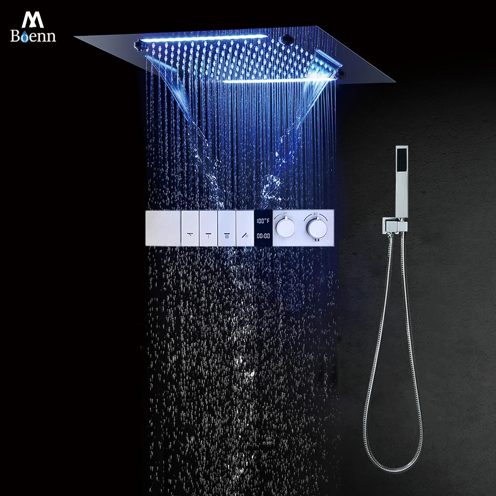 

M Boenn Thermostatic 4 Functions Gold Shower System Set Bathroom Showers Faucet Embedded Ceiling Large 20 Inch Black Shower Head