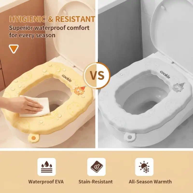 Waterproof Toilet Seat Cushion Thick Soft Lifting Handle Cute Cookie Print Easy Clean For All Season Home Bathroom Use
