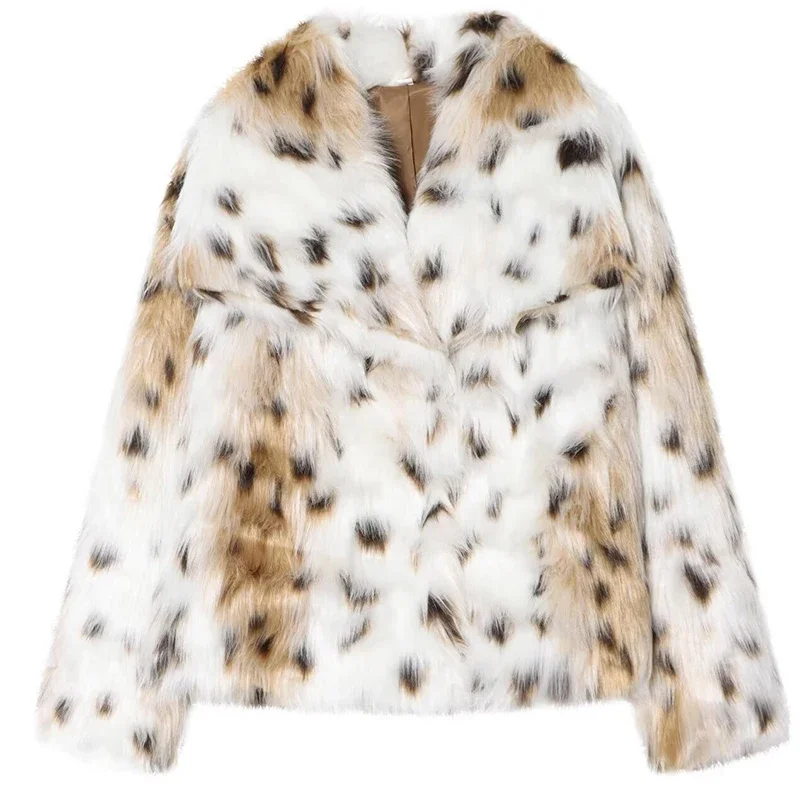Loose Artificial Fur Jackets Leopard Print Fashionable Turn Up Neck Long Sleeve Women's Winter Outerwear Street Style Top Jacket