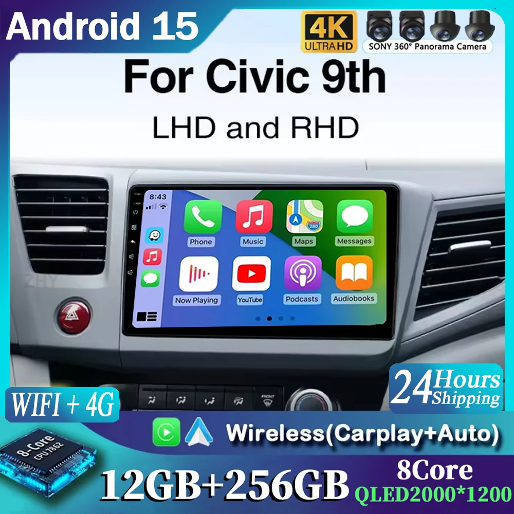 

For Honda Civic 9 2012 2013 2014 2015 Carplay Auto Android 15 Car Radio Multimedia Video Player Navigation No 2Din 2 Din WiFi 4G