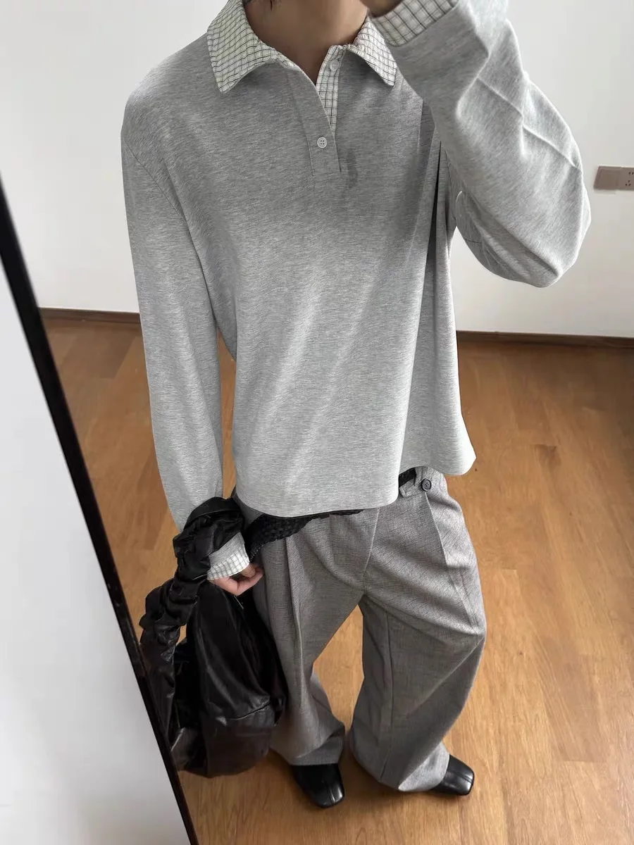 

American Retro Plaid Long Sve T-irt Men's Casual Smart Autumn Winter Straight Leg Pants Polyester Fiber Boy's Wear