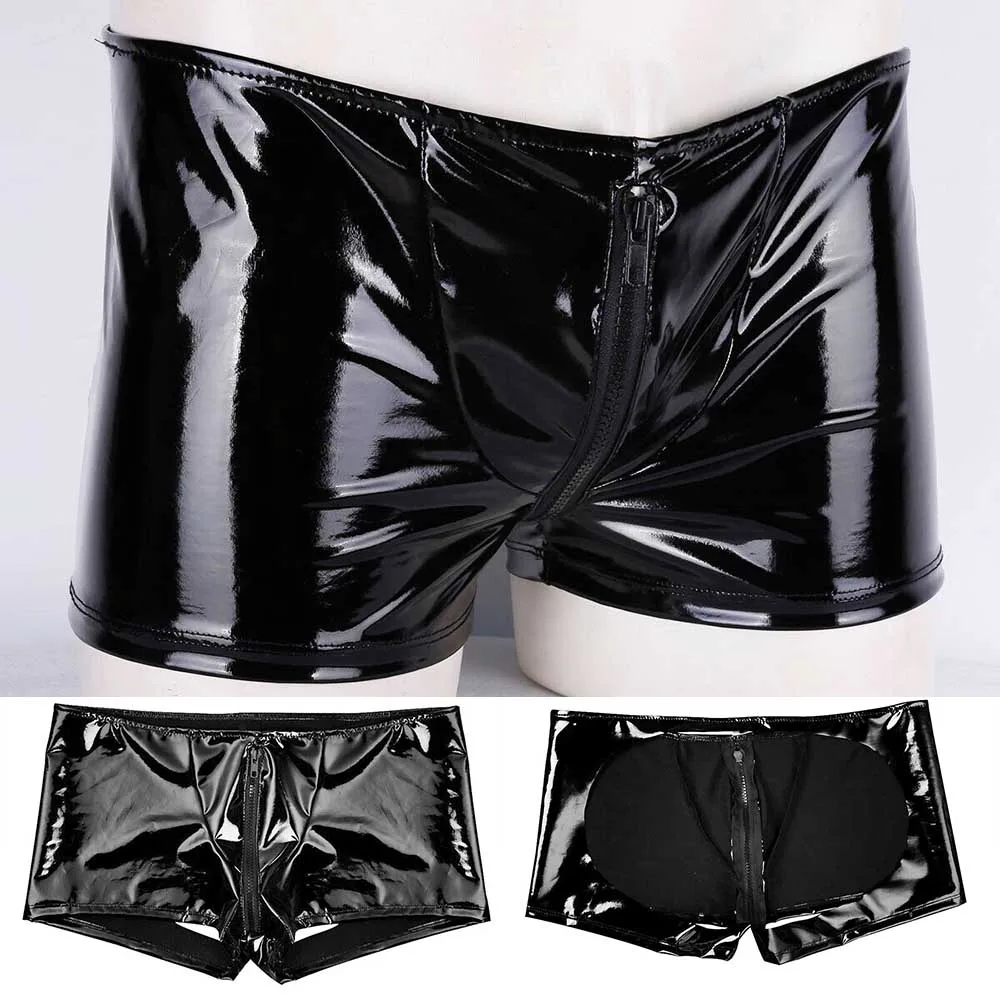 Boxer Briefs Mens Underpants Breathable Elastic Waistband Knicker Leather Lingerie PVC Trunks Wet Look Backless