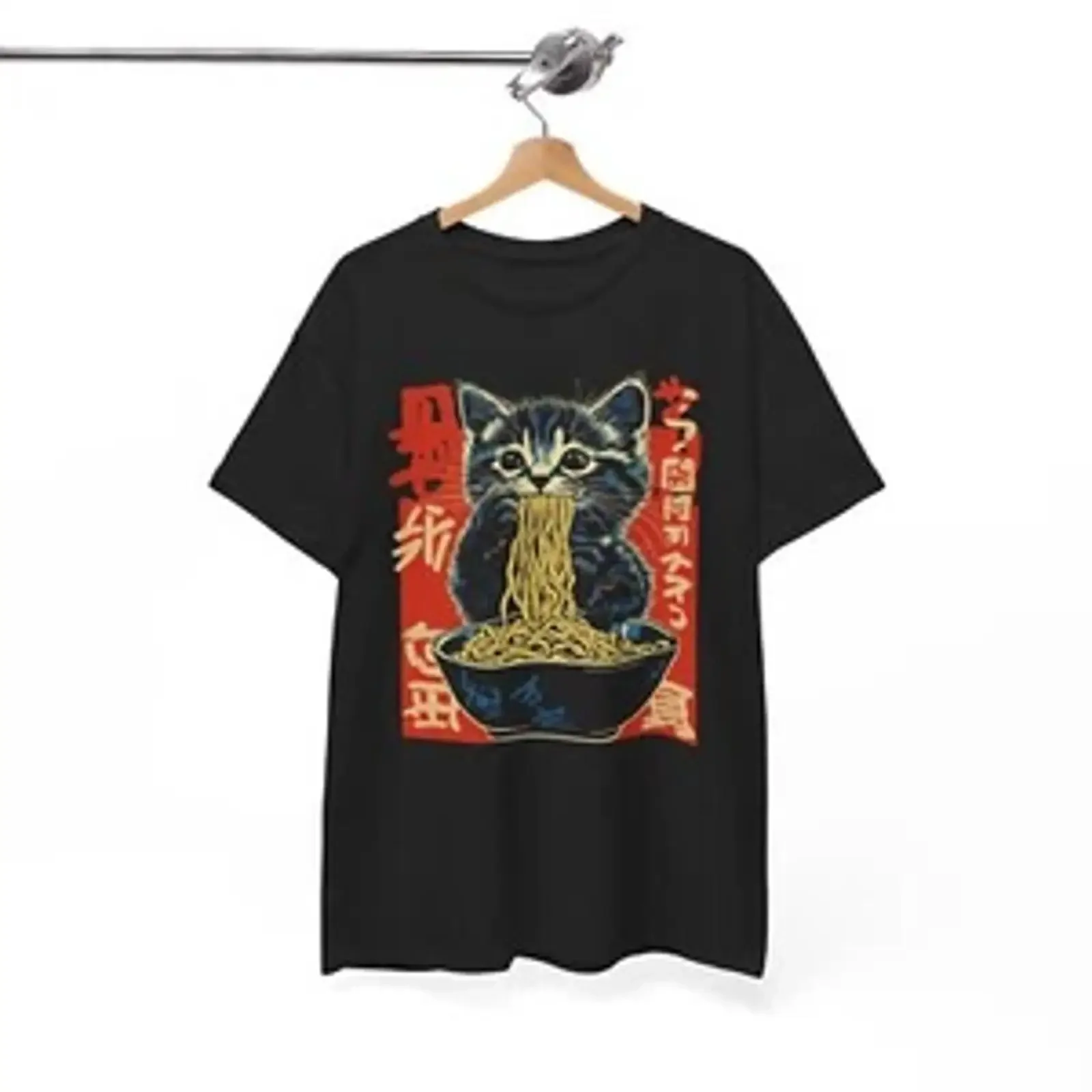 Kitten Eating Ramen T Shirt Japanese Cat Kawaii Cute Aesthetic vintage Washed fashion Breathable streetwear Stretched Unisex