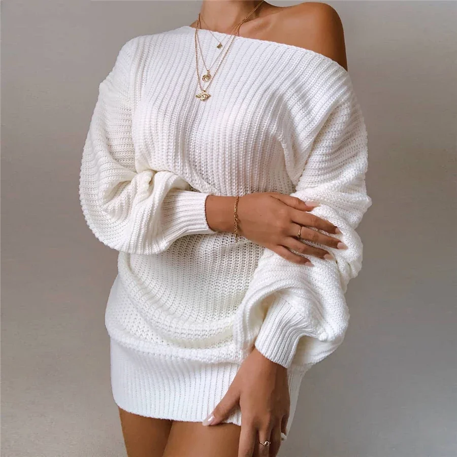 Knitted Sweater Dresses For Women Autumn Winter Loose Off Strapless Female Christmas Party Dresses