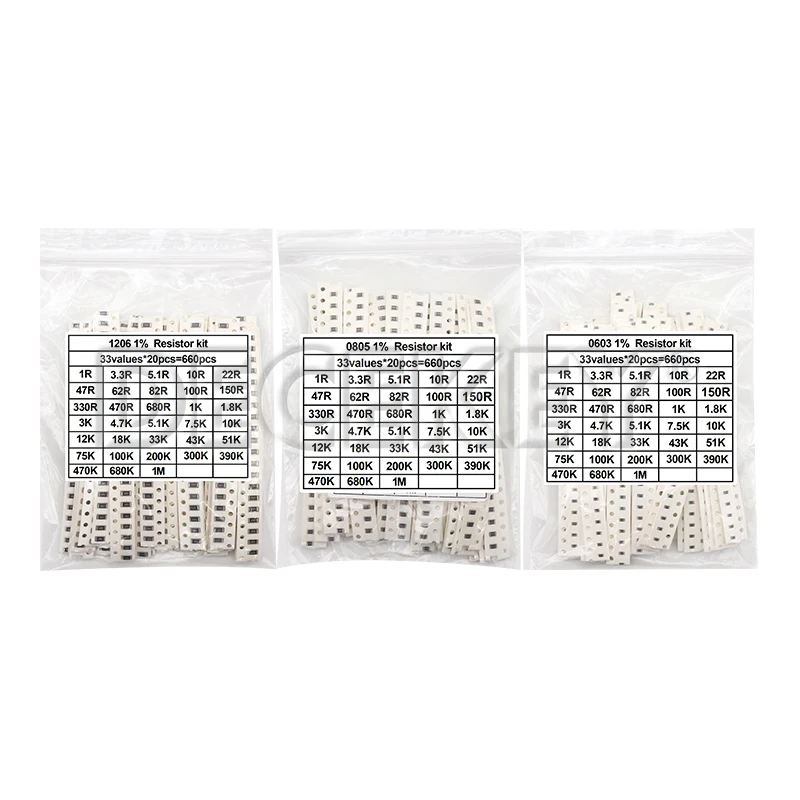 200pcs 660pcs 720pcs 4000pcs 0402 0603 0805 1206 1210 2512 smd resistor kit igmopnrq assorted kit 10k 100k 1k 1r 100r 220r 1% 5%