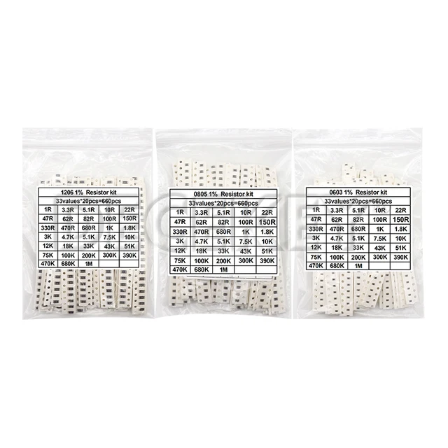 0402 0603 0805 1206 1210 2512 Zestaw rezystorów SMD Zestaw asortymentowy 1K 10K 100K 1R 10R 100R 220R 1% 5%
