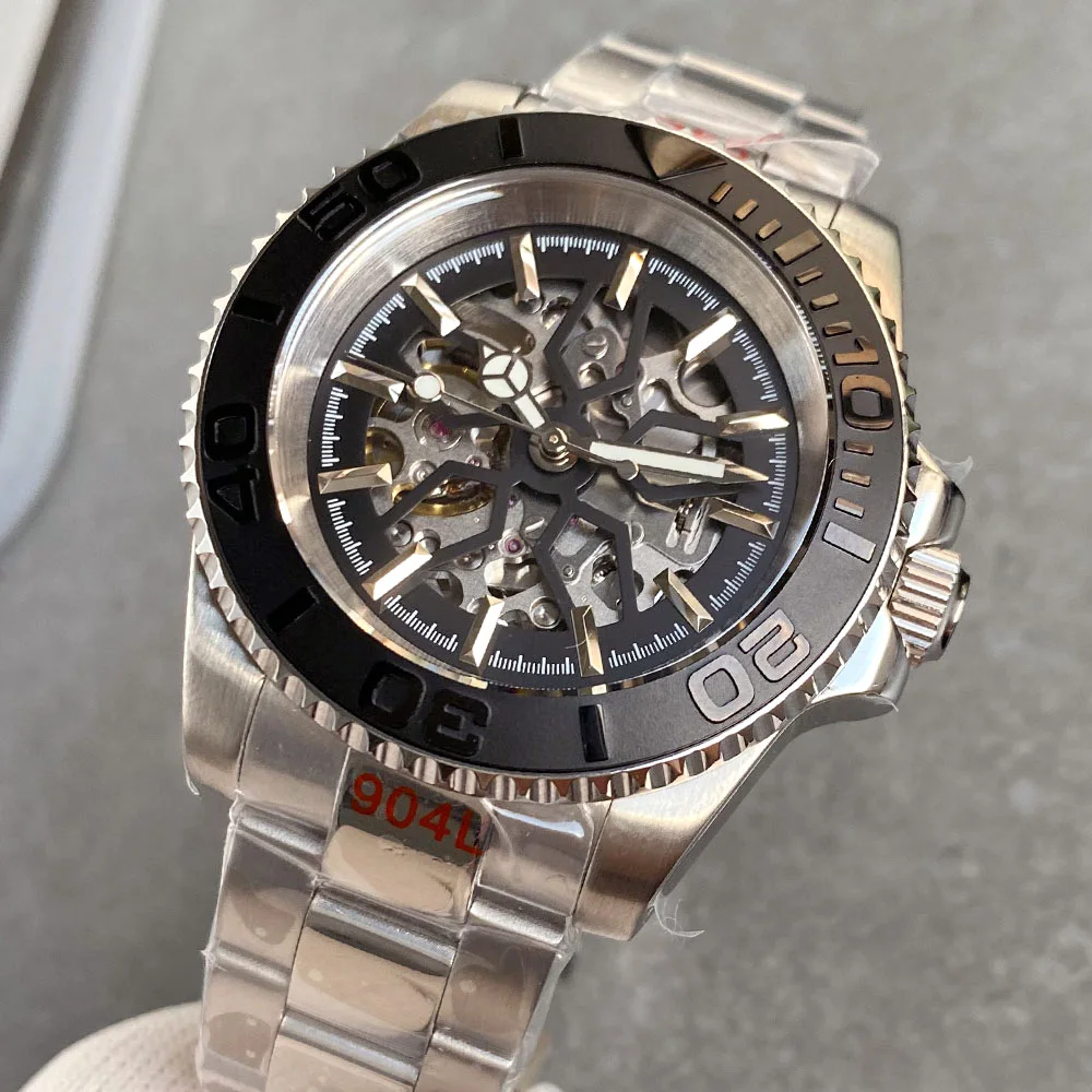 Tandorio 40mm NH70 Movement Mechanical Automatic Watch Men 200m Waterproof Sapphire Skeleton Hollow Dial Steel Bracelet New