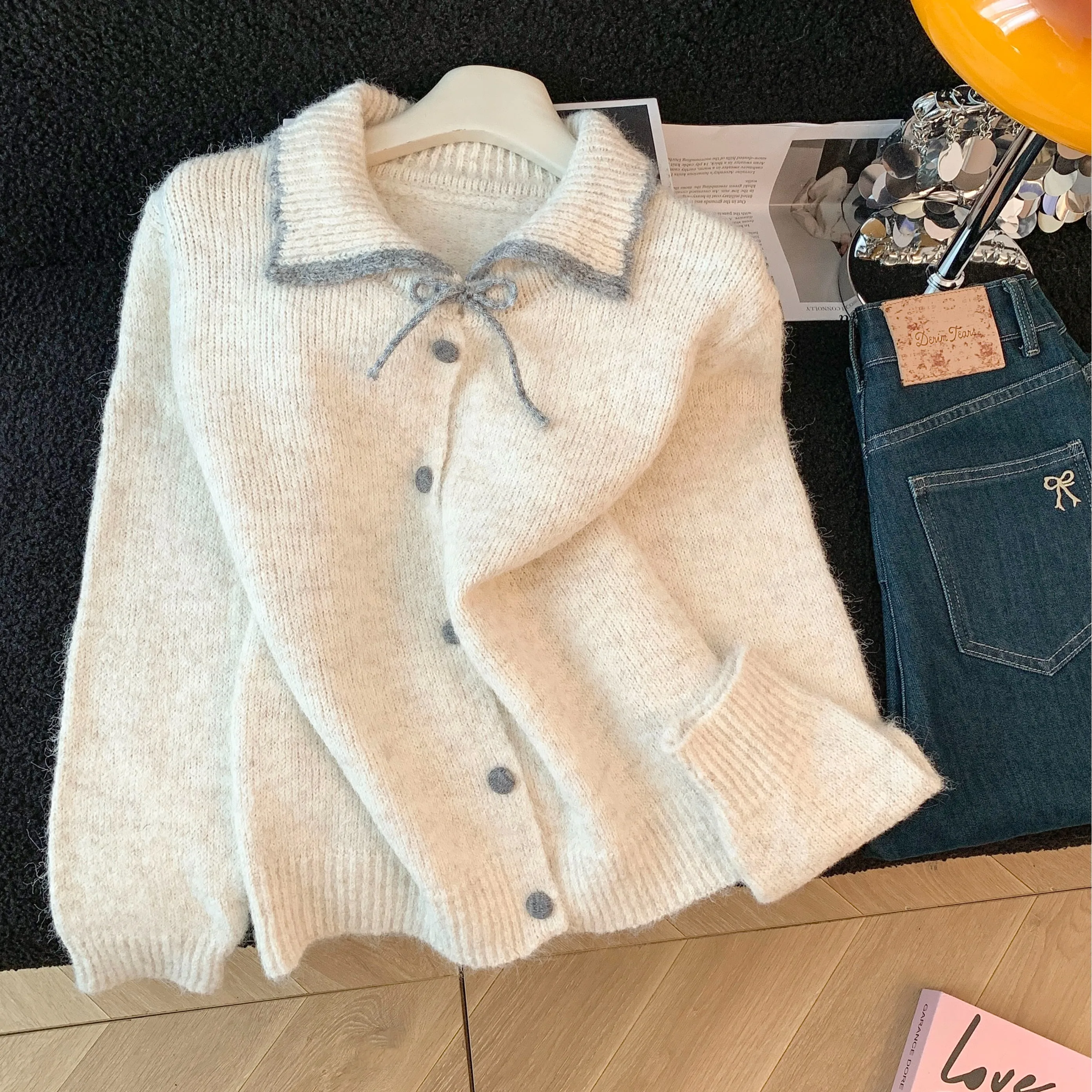   كارديجان طويل محبوك على الطراز الكوري للنساء، ملابس خارجية أنيقة من ألياف البوليستر لموسم الشتاء