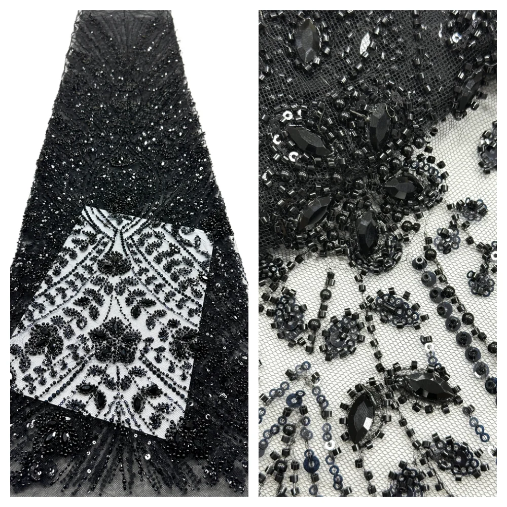 High Grade Shiny Sequins Tulle Lace Fabric with Tube Beads Sequins Embroidery French Net Lace for Party Wedding