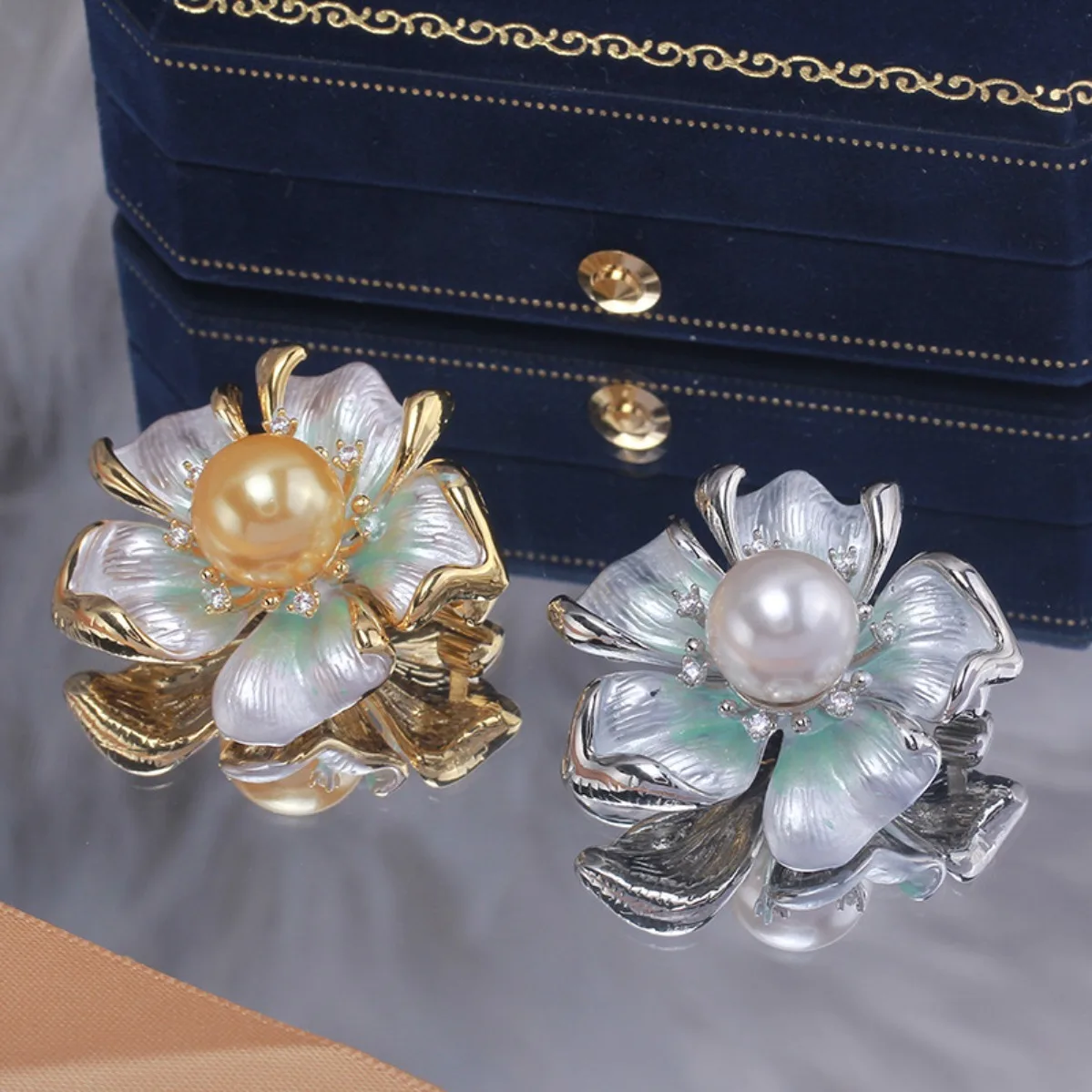 DIY Brooch Blank Brass Thick Gold Plated 5-Petal Flower, Enamel & Micro Pave Zircon Base, Pearl Corsage Brooch