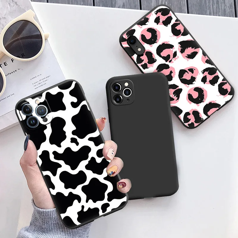 Phone Case for Apple iphone 16 Pro 15 12 11 13 Mini 14 Plus SE XR X XS Max Pink Black white Cow Skin Print Soft Anti-Drop Cover image 5