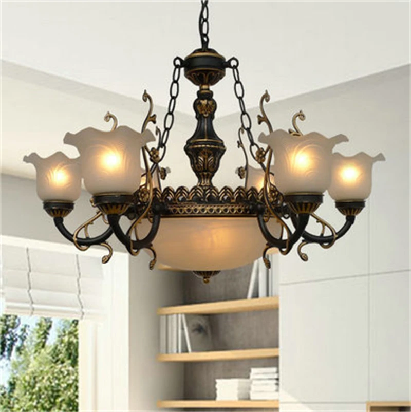 

Classic Vintage European Wrought Iron Chandelier Glass Lampshade Living Room Bedroom Kitchen Home Decor Lighting Fixture