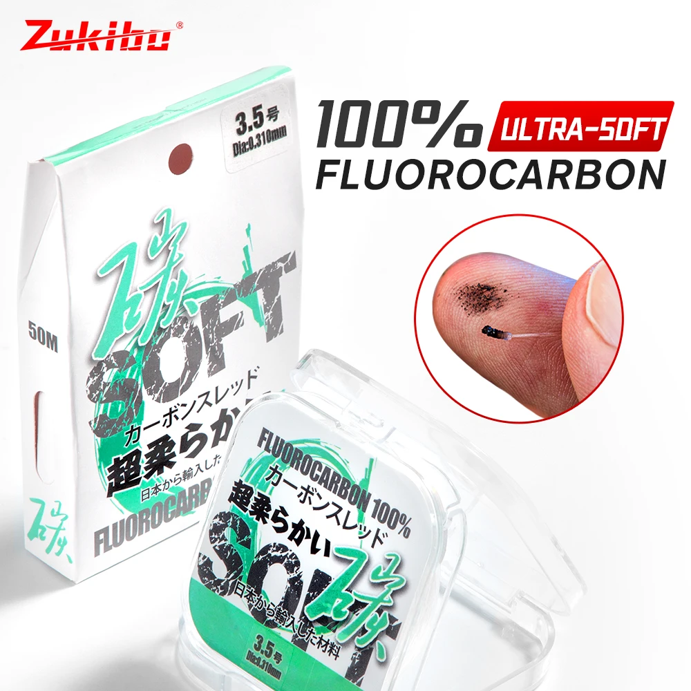 ZUKIBO Superweiche Japanische Carbon-Schnur 50M 100% Fluorocarbon-Vorfachschnur Unsichtbare Salzwasser/Süßwasser Sensitive Angelschnur