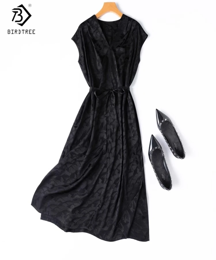 

Birdtree 20MM 93℅ Mulberry Silk Dress for Women,V-Neck Jacquard Satin Short Sleeves Black Dress,2025 New Summer D55607JF