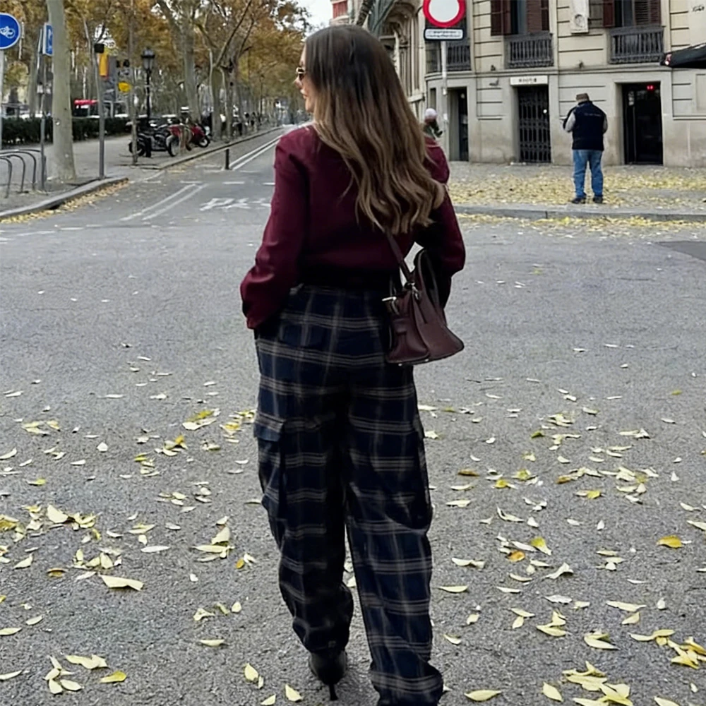 Women Casual Plaid Pocket Overalls Pants Women Trendy Lantern Cargo Trousers 2026 Spring Fall Fashion High Street Female Pants