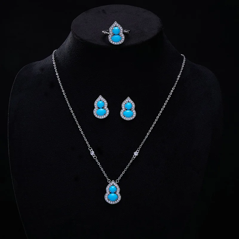 

Retro imitation turquoise gourd pendant necklace ring jewelry set, light luxury and high-end style Chinese-style earrings